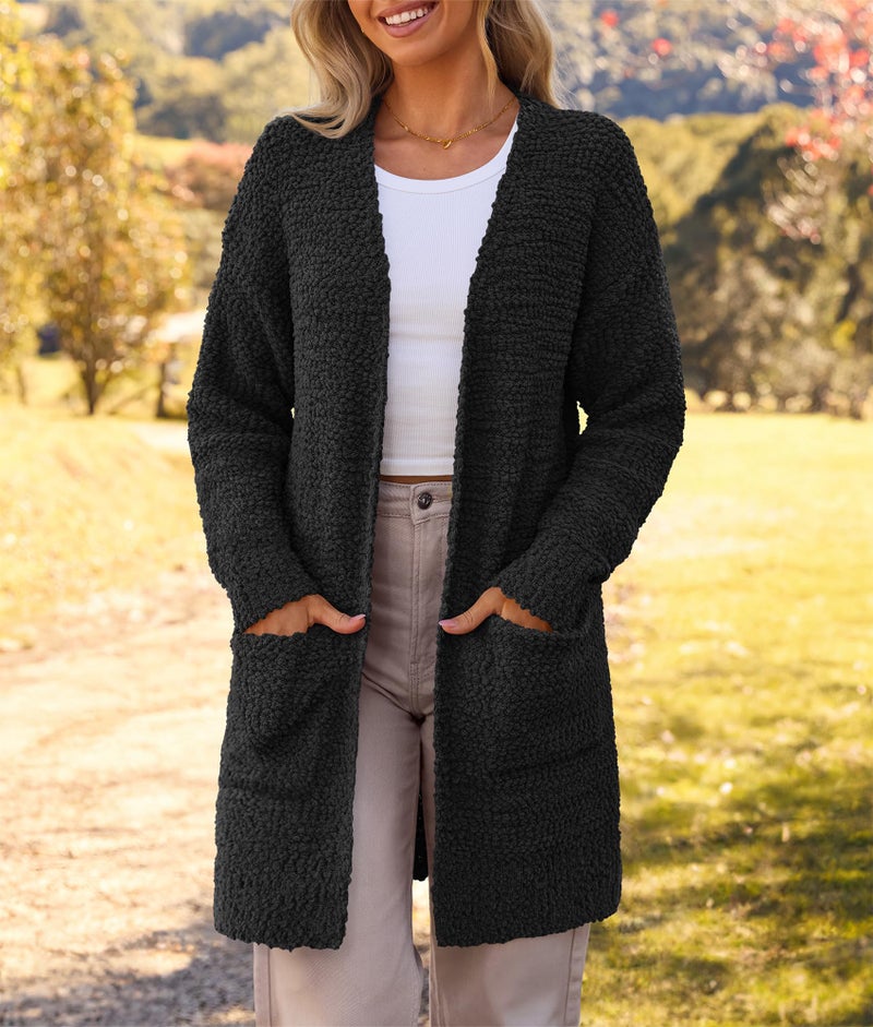 MEROKEETY Women's Long Sleeve Soft Chunky Knit Sweater Open Front Cardigan Outwear with Pockets,Black,Large - Image 2